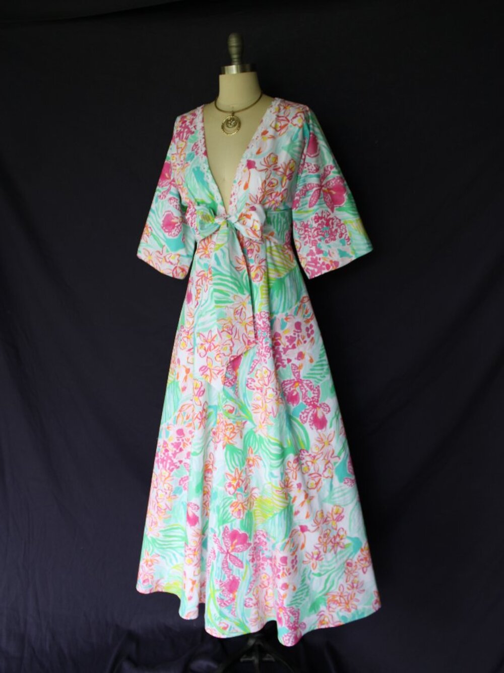 Lilly Pulizer Rare custom maxi dress gown ORCHID caftan tunic kimono Lace trim S - Picture 7 of 10